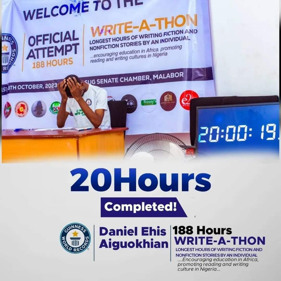 AKABMedia's tweet photo. A Nigerian writer, @DanielEhisAiguokhian II is set to break Guinness World Records for longest hours of writing fiction and nonfiction stories by an individual. 

He plans to write for 188 hours. That's approximately 7 days. The challenge started yesterday. 

It may not look like it but I earnestly hope he pulls through. Whether he does or not, daring to start is a win already. 

Congratulations, Daniel!

#education #competition #trendingnewsmalaysia
#BBNaija
#Jets