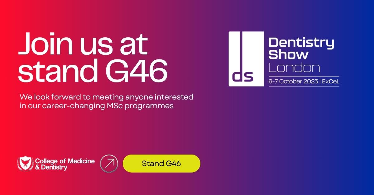uk_comd's tweet photo. Meet us at the Dentistry Show London on 6-7 October 2023 at ExCeL London | Stand G46 to explore our MSc programmes and discover new opportunities in dentistry.
See you there!
@dentistryshowCS
#COMD
#CollegeofMedicineandDentistry
#DSL23 https://t.co/jZosNqAo1y