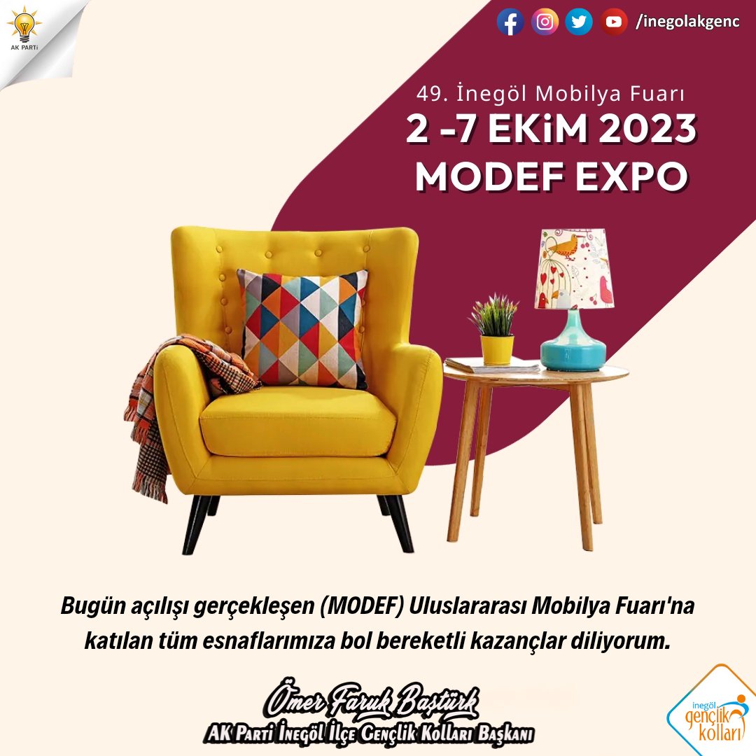 Bugün açılışı gerçekleşen (MODEF) Uluslararası Mobilya Fuarı'na katılan tüm esnaflarımıza bol bereketli kazançlar diliyorum.

#MobilyanınBaşkenti
#İnegölMobilyası