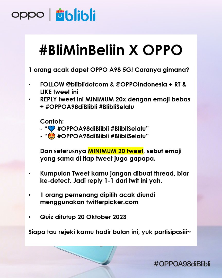 Mau #BliMinBeliin OPPO A98 5G ✨𝒈𝒓𝒂𝒕𝒊𝒔✨?

Cek gambar untuk caranya, semoga rejeki yaaaa! 🔥

<a href="/OPPOIndonesia/">OPPO Indonesia</a> #OPPOA98diBlibli #BlibliSelalu