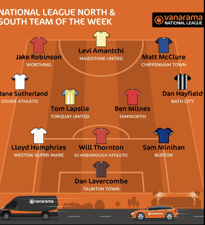 Congratulations to our Captain @Ben_Milnes for his selection as part of the @TheVanaramaNL North and South Team of the Week. What a great goal too!