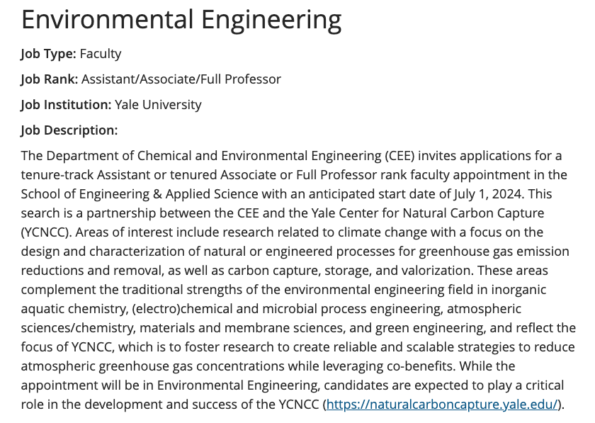 Jaehong Kim (@jaehongkim_yale) on Twitter photo Yale Environmental Engineering is recruiting faculty at all ranks @YaleSEAS <a href="/YaleEnvEng/">Yale Environ. Eng.</a> <a href="/TheElimelechLab/">Menachem Elimelech</a> <a href="/johnfortner/">John Fortner</a> <a href="/drew_gentner/">Gentner Lab</a> <a href="/jordan_peccia/">Jordan Peccia</a> <a href="/LeaRWinter/">Lea Winter</a>
aeesp.org/jobs/3244 Yale Environmental Engineering is recruiting faculty at all ranks @YaleSEAS <a href="/YaleEnvEng/">Yale Environ. Eng.</a> <a href="/TheElimelechLab/">Menachem Elimelech</a> <a href="/johnfortner/">John Fortner</a> <a href="/drew_gentner/">Gentner Lab</a> <a href="/jordan_peccia/">Jordan Peccia</a> <a href="/LeaRWinter/">Lea Winter</a>
aeesp.org/jobs/3244