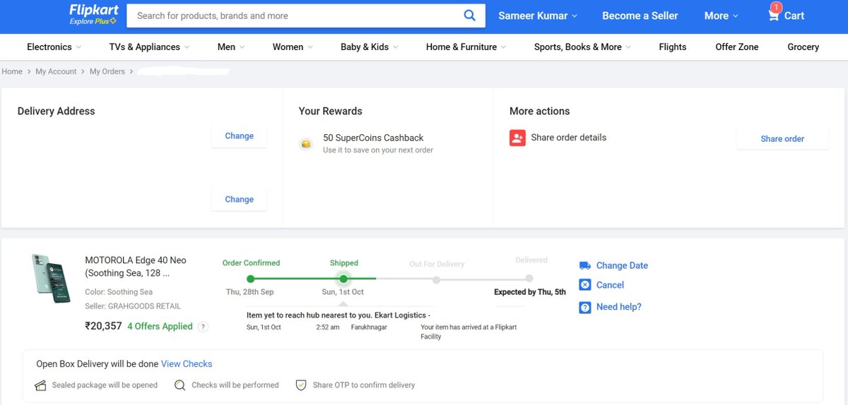 sameerKsahu330's tweet photo. @Flipkart I hope you won't cancel my order of #MotoEdge40Neo . Placed the order on sale date which was 28 sep. Expected delivery date is 5 Oct but the delivery status is not getting updated from more than 24hrs. Received a product 2 days ago on my address, so don't cancel. https://t.co/6zLhPefv67