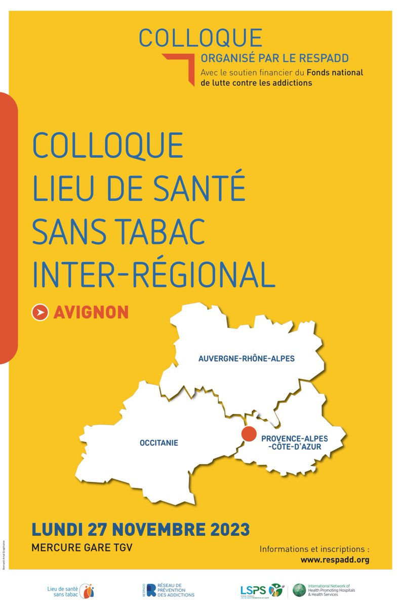 On se retrouve le lundi 27 novembre à Avignon pour le colloque Lieu de santé sans tabac du @respadd 🤩 Pré-programme et Inscriptions ‼️: respadd.org/blog/2023/10/0…