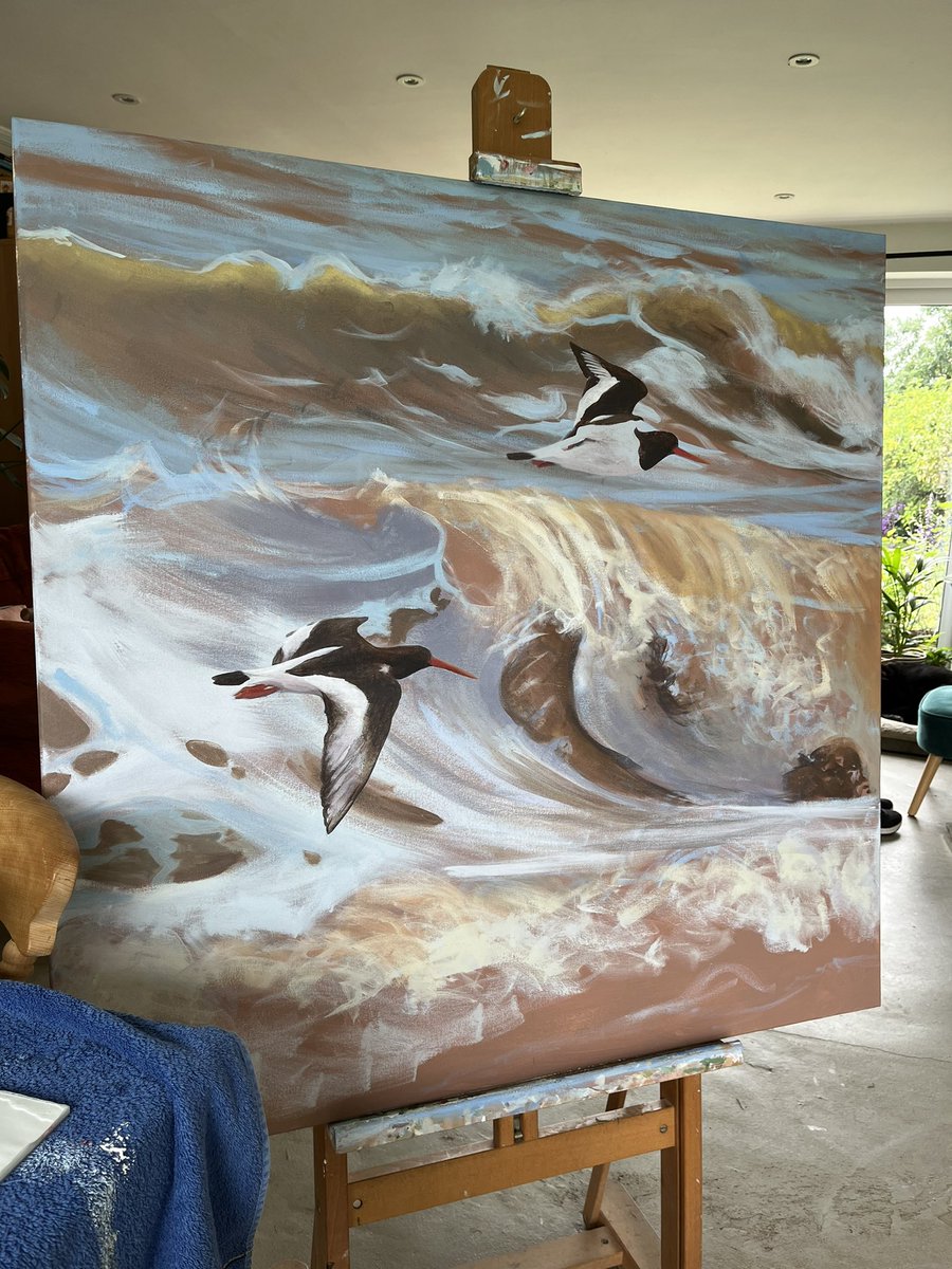 Work in progress, Oystercatchers flying over Sole Bay Waves, Suffolk #Painting #WildlifeArt #MarineWildlife #NorthSea #SoleBay #Oystercatchers #WIP