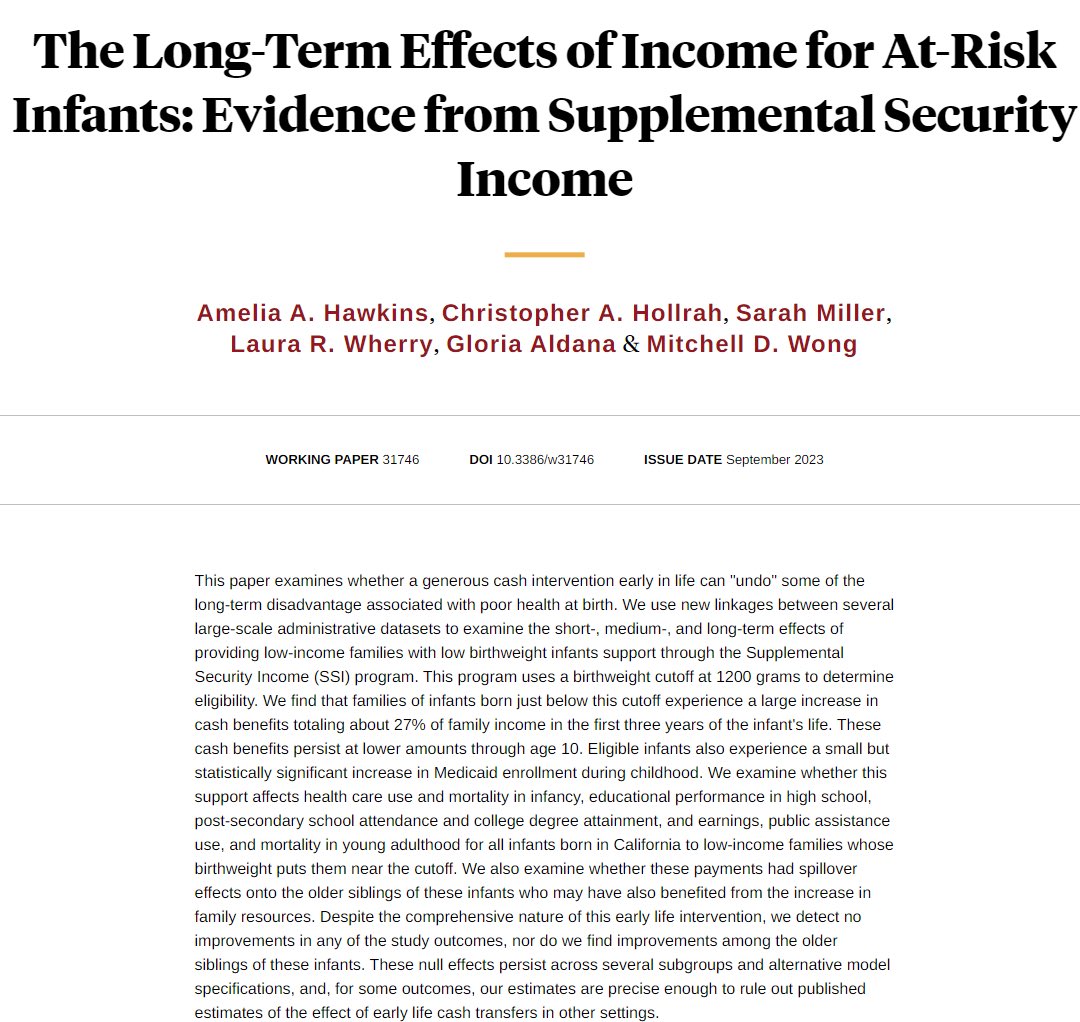 SSI provides cash payments to over a million families who have children w disabilities. Do these substantial payments—which make up ~half of total income for recipients—improve kids’ outcomes? We use a cutoff in SSI eligibility for infants based on birthweight to investigate.