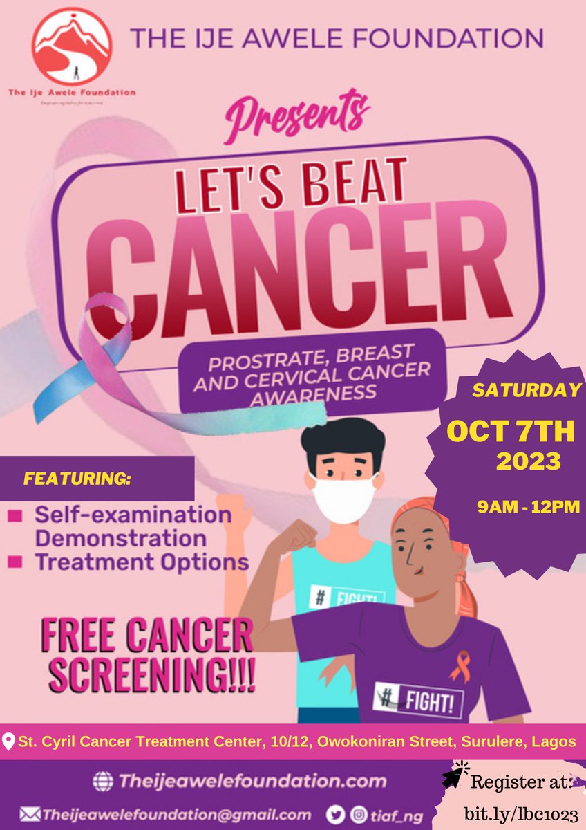 TIAF_ng's tweet photo. Join us as The Ije Awele Foundation takes positive action towards the fight against cancer, through free prostate, breast and cervical cancer screening with the theme: "Let's Beat Cancer". Featuring: ⚫Awareness Session ⚫Self-examination demonstration  ⚫FREE CANCER SCREENING!! https://t.co/3x4NapLdbc