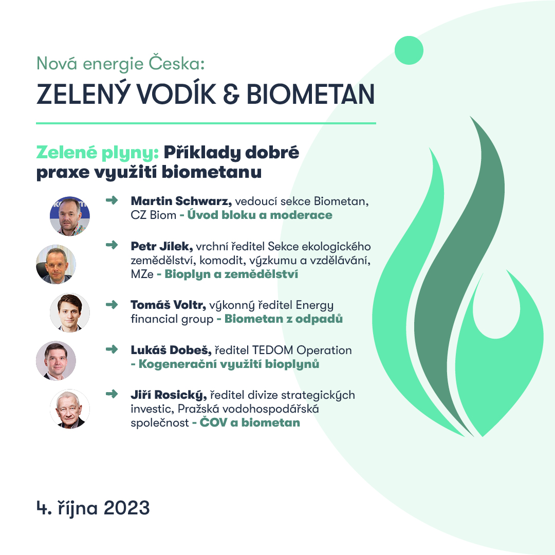 Praktický blok k biometanu uvede M. Schwarz/<a href="/CZBiom/">CZ Biom</a> a debatovat o odpadových, zemědělských biometanových stanicích či využití produkce biometanu v rámci čističek odpadních vod bude s P. Jílek/<a href="/MZeCr/">Zemědělství ČR</a>, Tomas Voltr/<a href="/efgholding/">Energy financial group</a> , L. Dobeš/<a href="/TEDOM_CHP/">TEDOM</a>  a J. Rosický, PVS