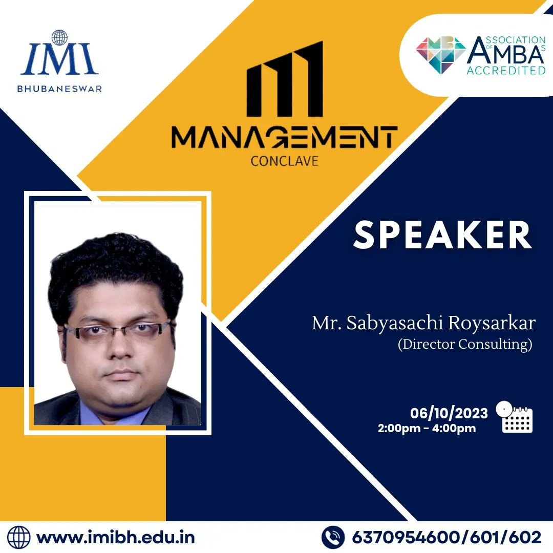 IMI_Bhubaneswar's tweet image. IMI Bhubaneswar is exhilarated  to announce its inaugural 2-day Management Conclave to take place on 6-7th October 2023

We are honoured to have
Mr. Biswajeet Acharya, Mr. Ritesh Jain, Mr. Swayam Prakash Baral and Mr. Sabyasachi Roysarkar.

#imibh #management #conclave #pgdm