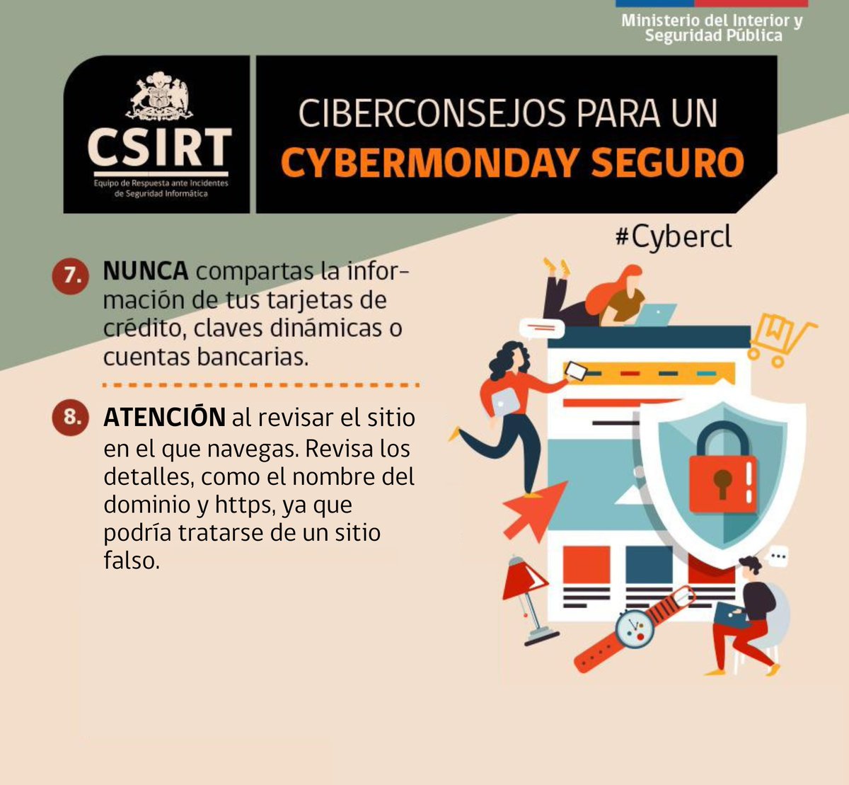 CSIRTGob's tweet photo. Si decides comprar algo en el #cybermonday de @sociosccs, te pedimos que lo hagas siguiendo estos #ciberconsejos del @CSIRTGob, para realizar tus compras online de forma más segura.  #csirtgob  #ecommerce Más consejos: https://t.co/cx4sNwI0lO https://t.co/29fdsxIcXd