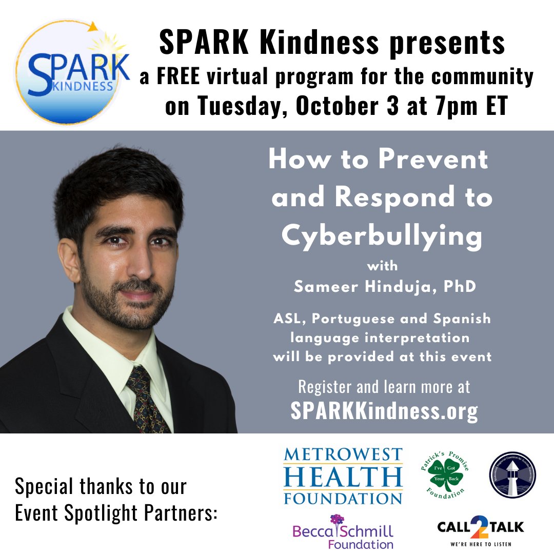 SPARK Kindness (@sparkkindness) on Twitter photo This week! Tues 10/3 at 7pm via Zoom. Register now for this FREE program w/leading expert Dr. Sameer Hinduja. Learn how to empower + protect your kids + teens! tinyurl.com/56ex8nd9 <a href="/hinduja/">Sameer Hinduja</a> This week! Tues 10/3 at 7pm via Zoom. Register now for this FREE program w/leading expert Dr. Sameer Hinduja. Learn how to empower + protect your kids + teens! tinyurl.com/56ex8nd9 <a href="/hinduja/">Sameer Hinduja</a>