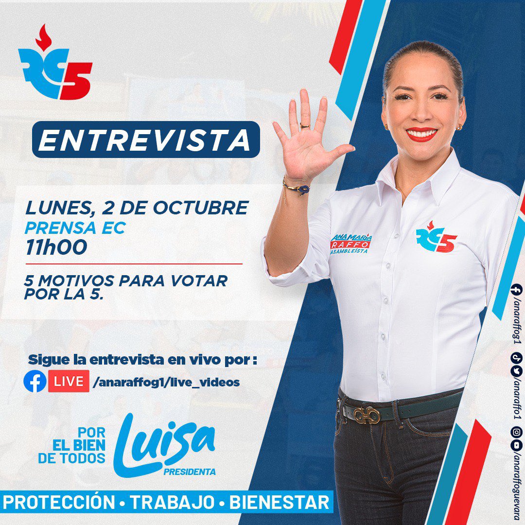 anaraffo1's tweet photo. 🎙️Agenda de Medios | Queridos amigos acompáñenme en la entrevista por #PrensaEc.
Analizaremos los 5 motivos para votar por la 5️⃣.
Síguela en vivo ⤵️
https://t.co/VXvM6myImS https://t.co/5q0frGH2cV