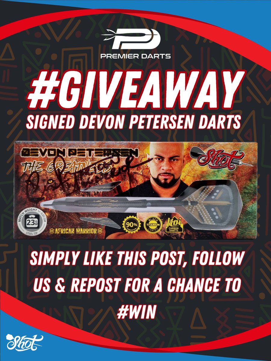 Premier Darts Official (@premierdarts) on Twitter photo Time For A Giveaway!
🎯As <a href="/Shot_Darts/">Shot Darts</a> Say Farewell To Devon Petersen, We Thought We Would Give You All A Chance To Win A Set Of Signed Darts. <a href="/devon_petersen/">Devon Petersen 369</a>
We Wish The African Warrior The Very Best For The Future 🔥
To Enter:
Like This Post
Follow us
Share this post Time For A Giveaway!
🎯As <a href="/Shot_Darts/">Shot Darts</a> Say Farewell To Devon Petersen, We Thought We Would Give You All A Chance To Win A Set Of Signed Darts. <a href="/devon_petersen/">Devon Petersen 369</a>
We Wish The African Warrior The Very Best For The Future 🔥
To Enter:
Like This Post
Follow us
Share this post