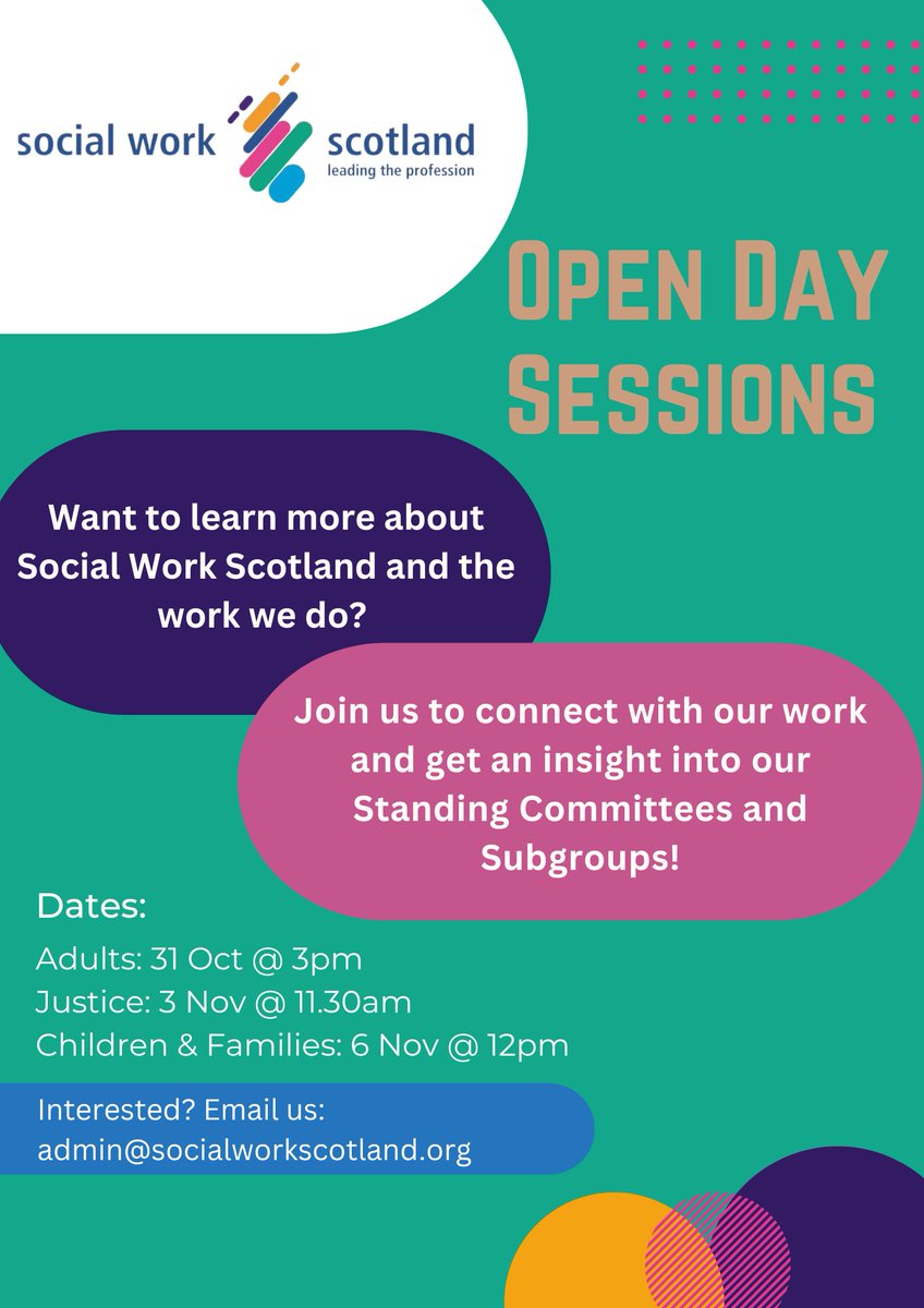socworkscot's tweet photo. Are you interested in learning more about Social Work Scotland and the work we do? Come along to one of our Open Day Sessions.

SWS members and non-members are welcome!
🔗https://t.co/pQweewsPuF https://t.co/IUog1pD9Ws