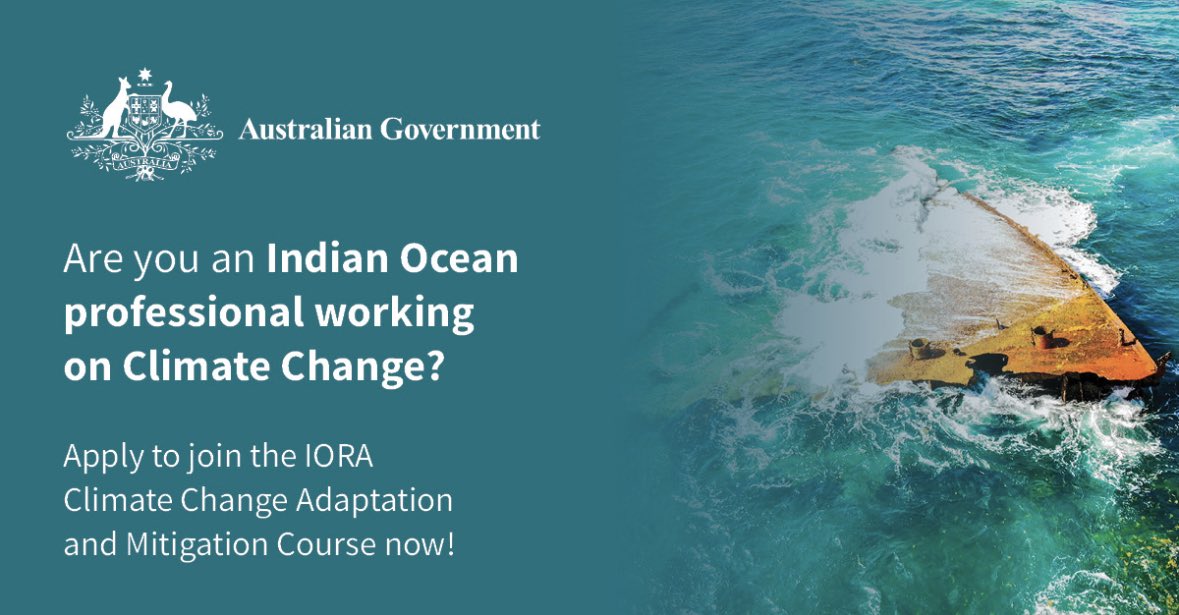 AusAmbKSA's tweet photo. Calling all mid-to-senior level government officials working in climate change, energy policy, research &amp; reform.
Explore our exclusive short course on 'Climate Change Adaptation &amp; Mitigation' designed for participants from IORA Member States.
Apply now: https://t.co/SIMhEkQcXu https://t.co/YTKjawnxWZ