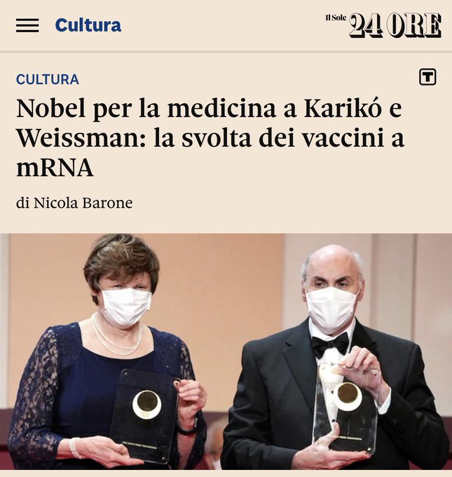 Il Nobel per i vaccini!!!  Effettivamente mancava. E con questo si chiude il cerchio! 😡  La mascherina<a href="/tag/nobelmedicina"class="tags"><span>#nobelmedicina</span></a><a href="/tag/karikoweissman"class="tags"><span>#karikoweissman</span></a>