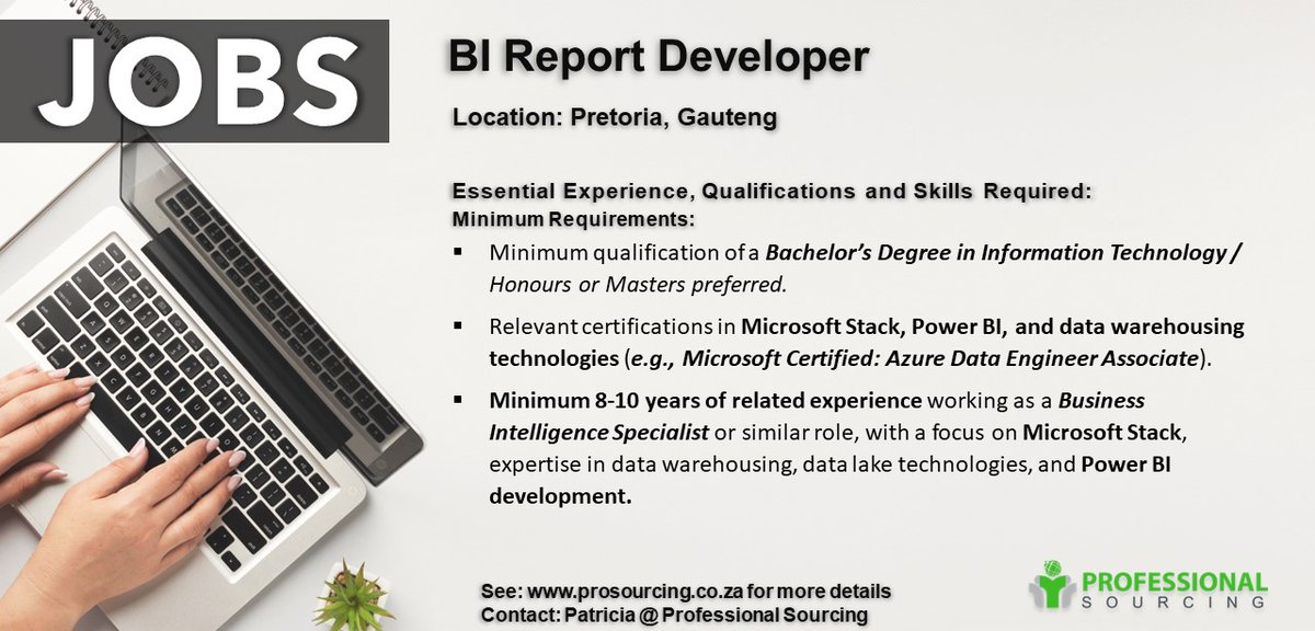 ProSourcingZA's tweet photo. A leading South African audit firm requires the knowledge and skill of a BI Report Developer.

#reportdeveloper #JobSeekersSA #professionalsourcing #informationaltechnology https://t.co/EiyEjIkjYy