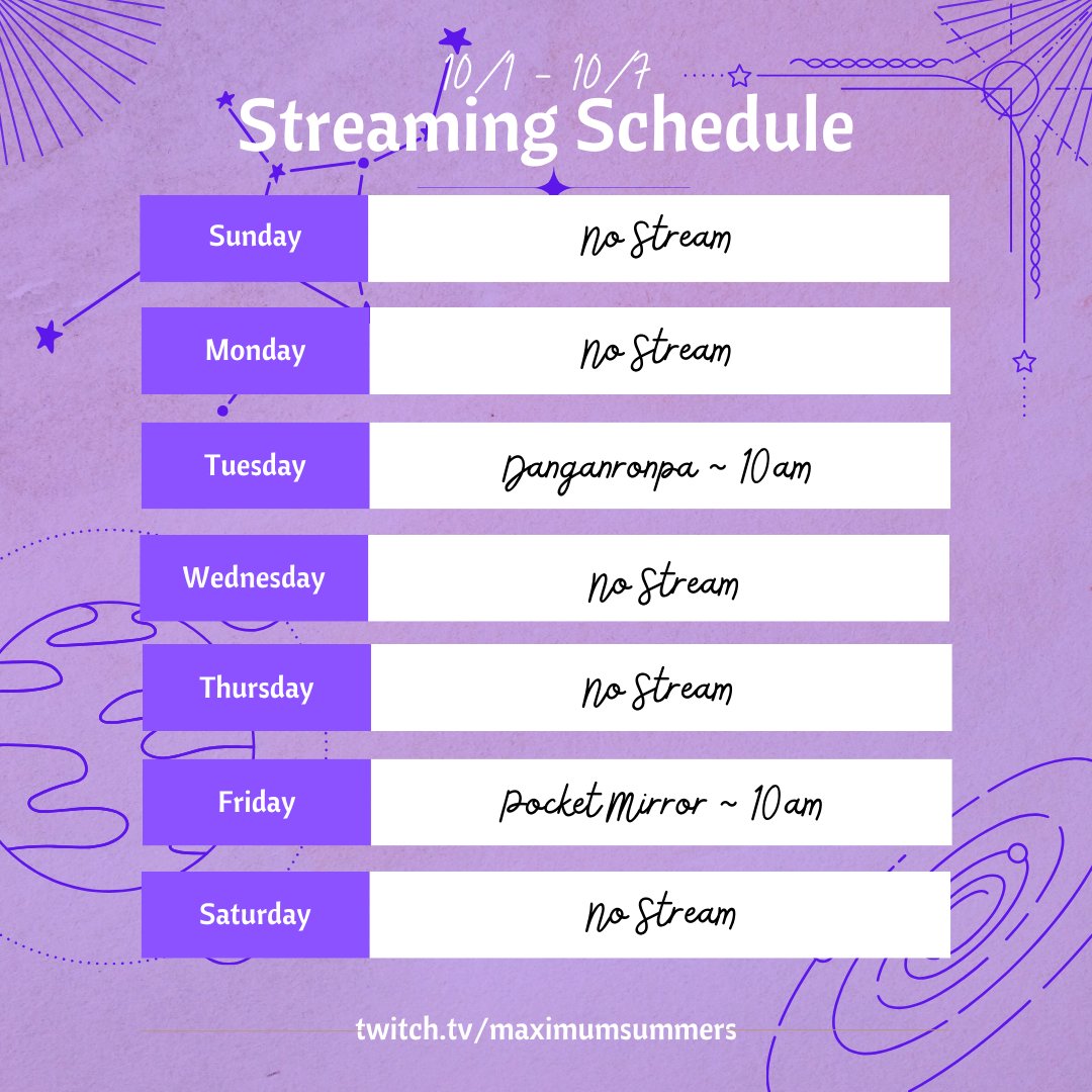 MaximumSummers's tweet photo. This week's stream schedule! #twitch #twitchstreamer #pngtuber #smallstreamer #danganronpa #pocketmirror https://t.co/0KTzdnodHH
