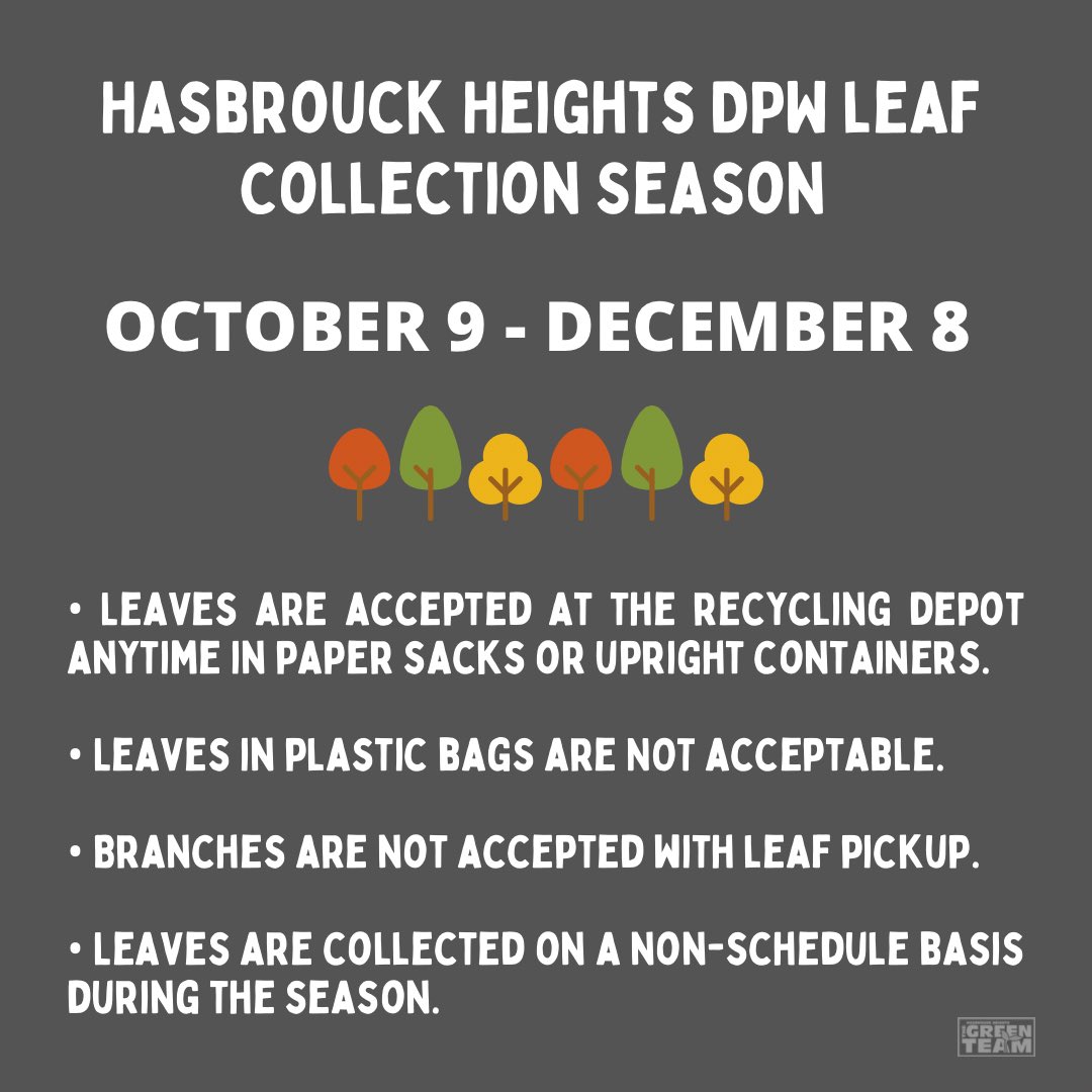 🍂Leaves may be raked into the street from 10/9-12/8 and will be picked up on a non-scheduled but ongoing basis.
⬇️⬇️⬇️

#hasbrouckheights #hasbrouckheightsnj #hhdpw #leaves #fallleafcollection