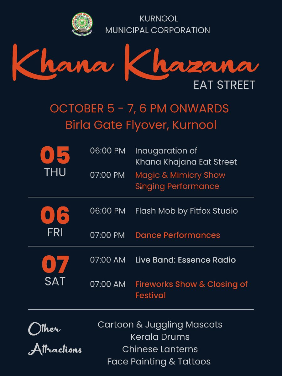OurKurnool's tweet photo. 📢📢 🎊 KMC's Fun&amp; Food Festival 🎊

📌 Khana- Khazana Eat Street, near Birla Gate Flyover

🗓️ Oct 5-7, Every Day 6pm Onwards
#kurnoolians 
#Kurnooleatstreet
#funnfoodfestival
#onestopsolutionforeentertainment
#kurnoolfoodies https://t.co/jNQW5DRpzE