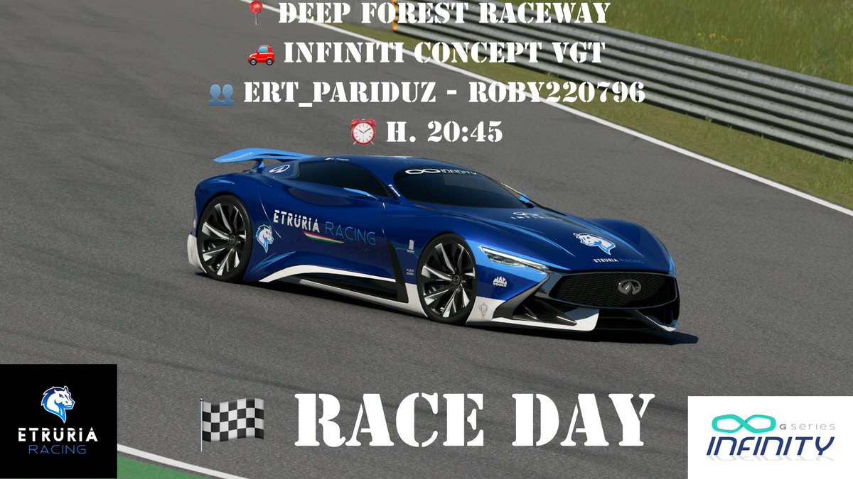 Etruria Racing Team (@etruriaracing) on Twitter photo Tonight, starting from 20:45, the 4th race of @infinitygseries by @mach25gaming
<a href="/AGarnata/">Alejandro Garnata</a>
After the difficult first 3 races for us, @ert_pariduz and <a href="/roby220796/">Roberto Ravo</a> want to do well to bring home
important points!
Live from 20:45: twitch.tv
alejandro_garnata Tonight, starting from 20:45, the 4th race of @infinitygseries by @mach25gaming
<a href="/AGarnata/">Alejandro Garnata</a>
After the difficult first 3 races for us, @ert_pariduz and <a href="/roby220796/">Roberto Ravo</a> want to do well to bring home
important points!
Live from 20:45: twitch.tv
alejandro_garnata