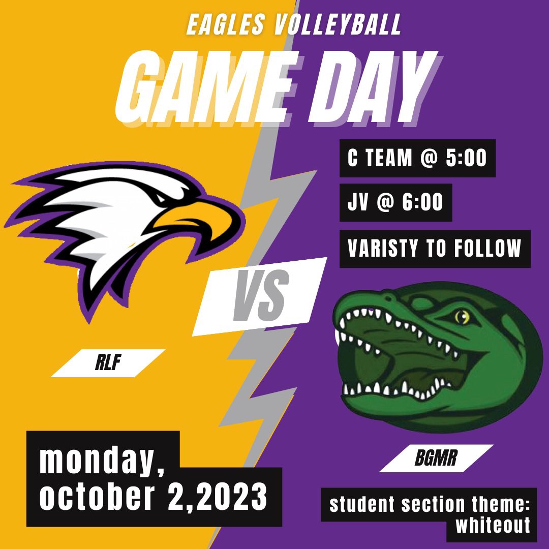 Homecoming week! The RLF Eagles take on the BGMR Gators tonight at home! Student section theme: Whiteout ⚪️ C Team starts @ 5:00!

<a href="/RLF_KINDERandVB/">Nicole Gullingsrud</a> <a href="/EagleRebel_630/">EagleRebelActivities</a>
