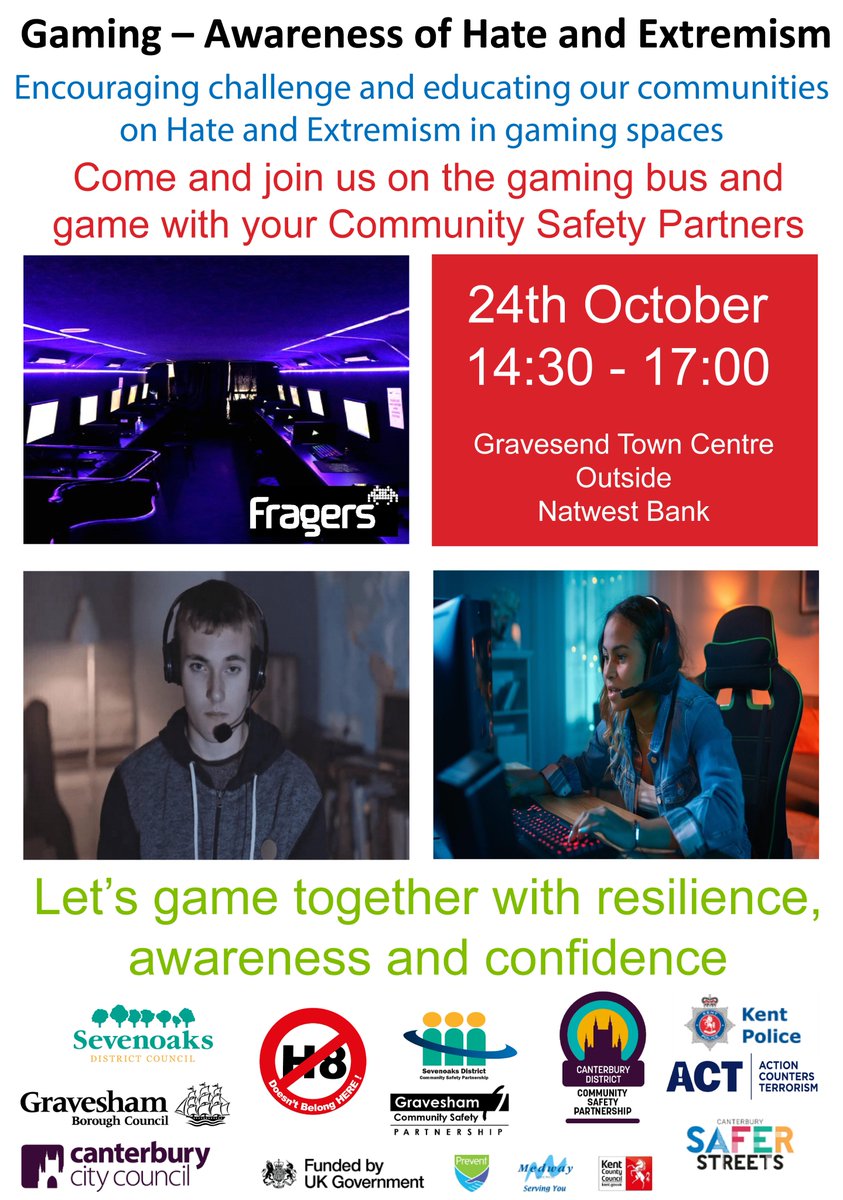 Don’t fall for it – join the Prevent team and learn how to stay safe on-line.
Come see the Gaming Bus in #gravesend 24th October o/s Nat West
#GamingBus #Prevent #SaferStreets #SafeSpace #Gravesham #NO2H8 “