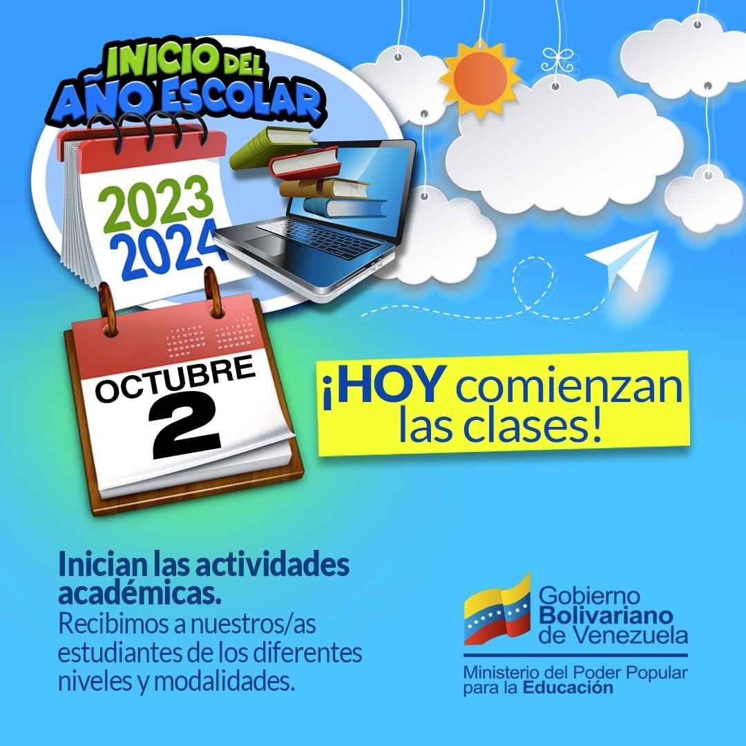 #2Oct
¡Feliz regreso a clases!

Sentimos la alegría de nuestra muchachada bonita. En familia, con emoción y compromiso, iniciamos el año escolar 2023-2024.
#VenezuelaPresenteEnLaEscuela 
<a href="/nicolasmaduro/">Nicolás Maduro</a>
<a href="/_LaAvanzadora/">Yelitze Santaella</a>
@MPPEDUCACION 
@PiedadQuintana1 
<a href="/Soykarinacarpio/">Karina Carpio</a>