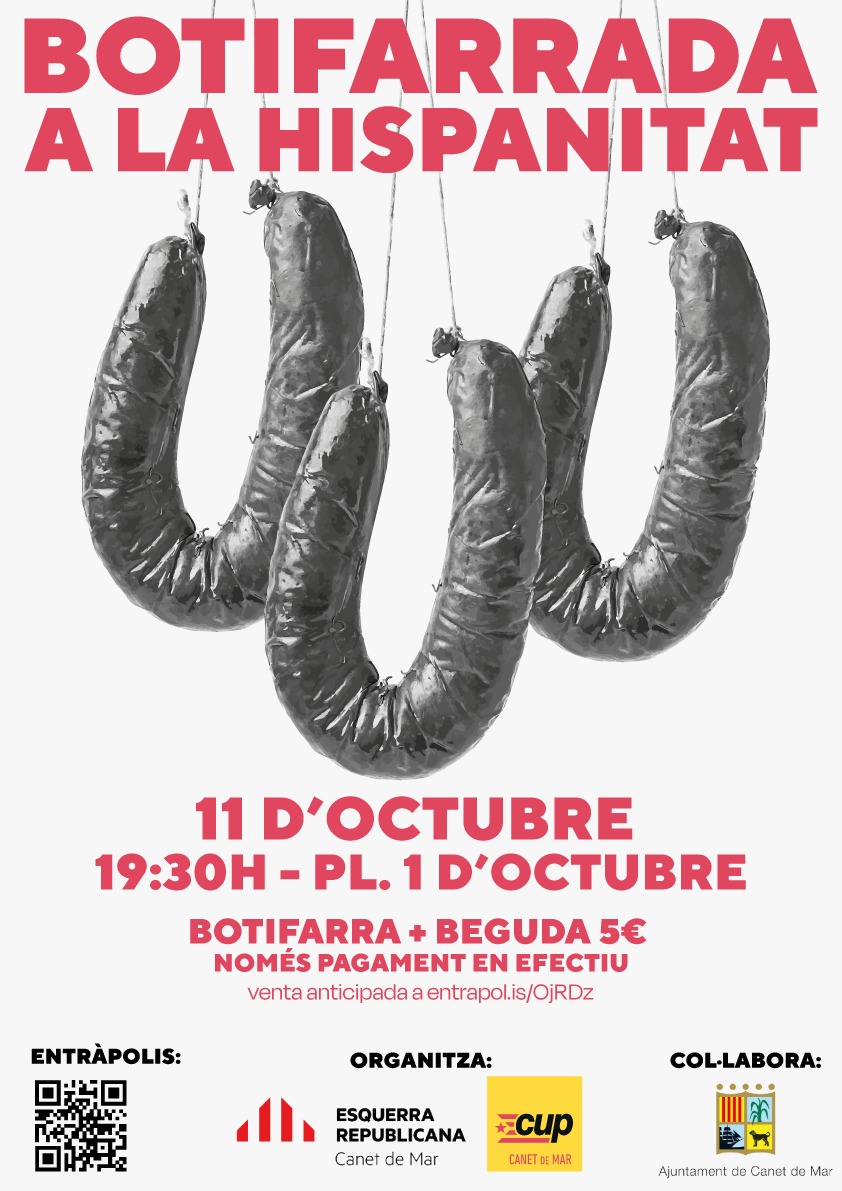 Botifarrada a la hispanitat!
📆 11/10/2023
⏰ 19:30
📍 Plaça 1 d'octubre
Tiquets⤵️
 entrapol.is/OjRDz

El tiquet inclou botifarra + beguda. Hi haurà música i servei de bar.
