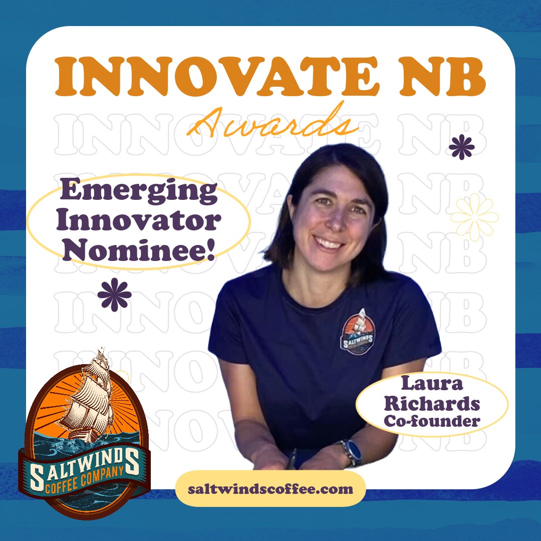 SaltwindsCoffee's tweet photo. Exciting news! Saltwinds COO, and roastmaster Laura Richard has been nominated for the InnovateNB, Emerging Innovator Award! Great work Laura, and good luck! #NewBrunswick #NovaScotia #PrinceEdwardIsland #PEI #PEIFood #NovaScotiaEats #Fredericton #Halifax #SaintJohn https://t.co/3HkdlAO4bi