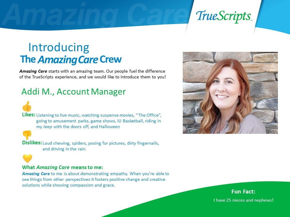 TrueScriptsPBM's tweet photo. We are thrilled to welcome Addi to our close-knit family here at Indiana's #1 Best Places to Work! With her exceptional skills and passion for providing Amazing Care, she's already making a positive impact on our team.π
#MeetTheTeamMonday #TrueScripts #BestPlacesToWork https://t.co/CutfBfVpqC