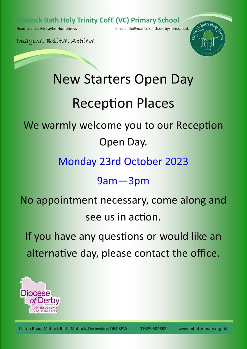 MatlockPrimary's tweet image. New Starters Open Day - Reception Places.  Monday 23rd October 2023 - 9am - 3pm.  See attached flyer.