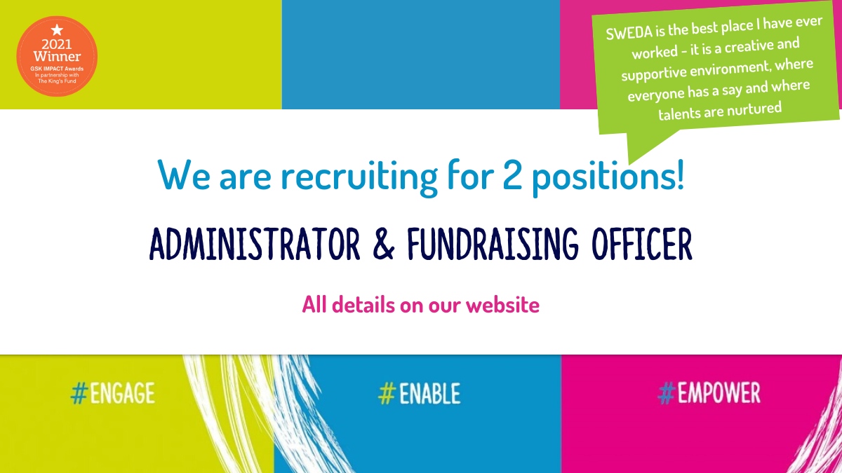 SWEDA is recruiting! Due to growth, we are looking for an Administrator and a Fundraising Officer to join our award-winning team. More details about both exciting opportunities are on our website: swedauk.org/get-involved/c…

Closing date for applications: Mon 16th October (midday)