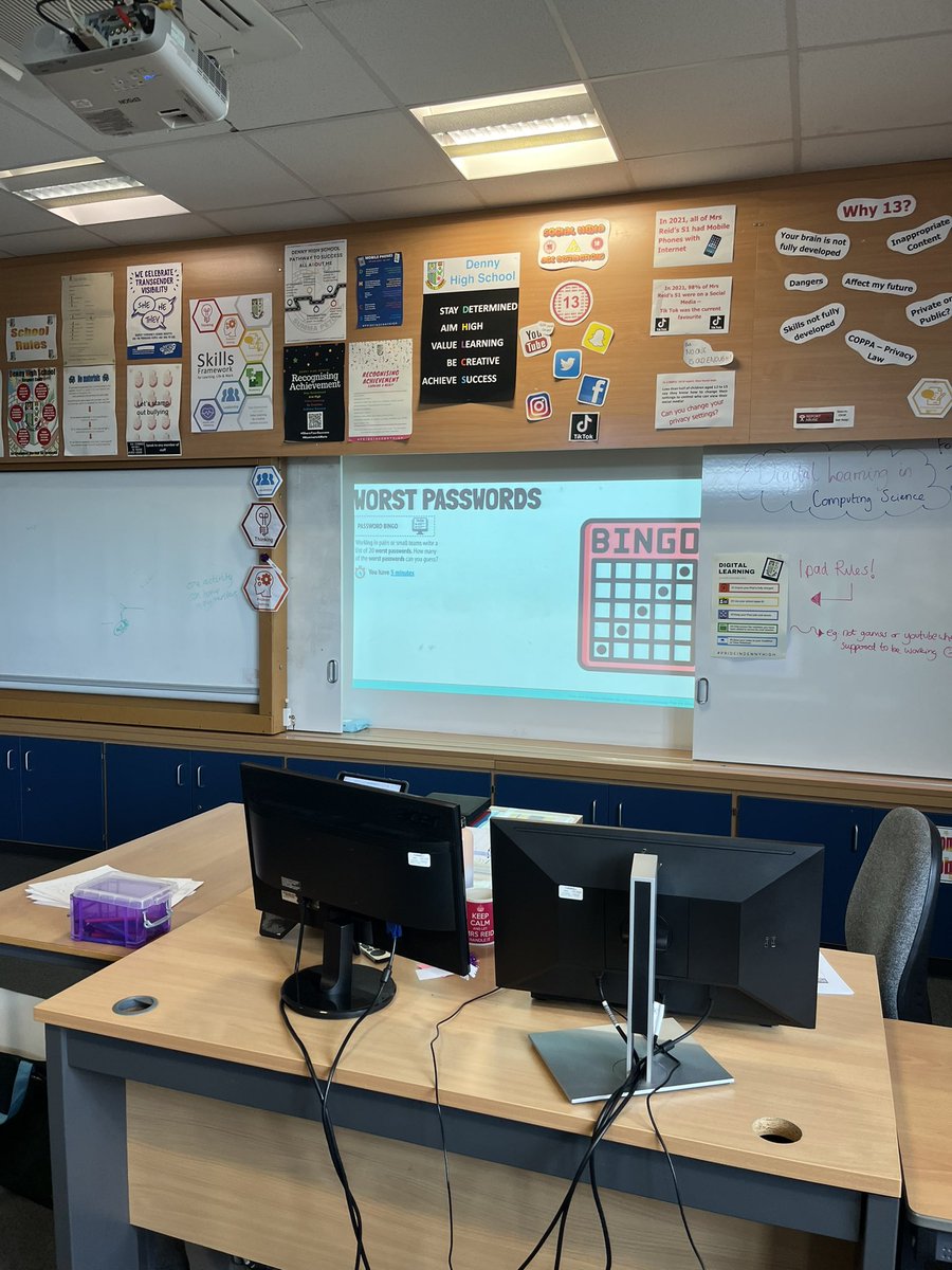 DennyComputing's tweet image. Some #passwordbingo during our how not to get #hacked lesson with s1 this afternoon - why not ask your pupil what makes a good password? @stacshq #ChooseComputingScience #Lifeskills