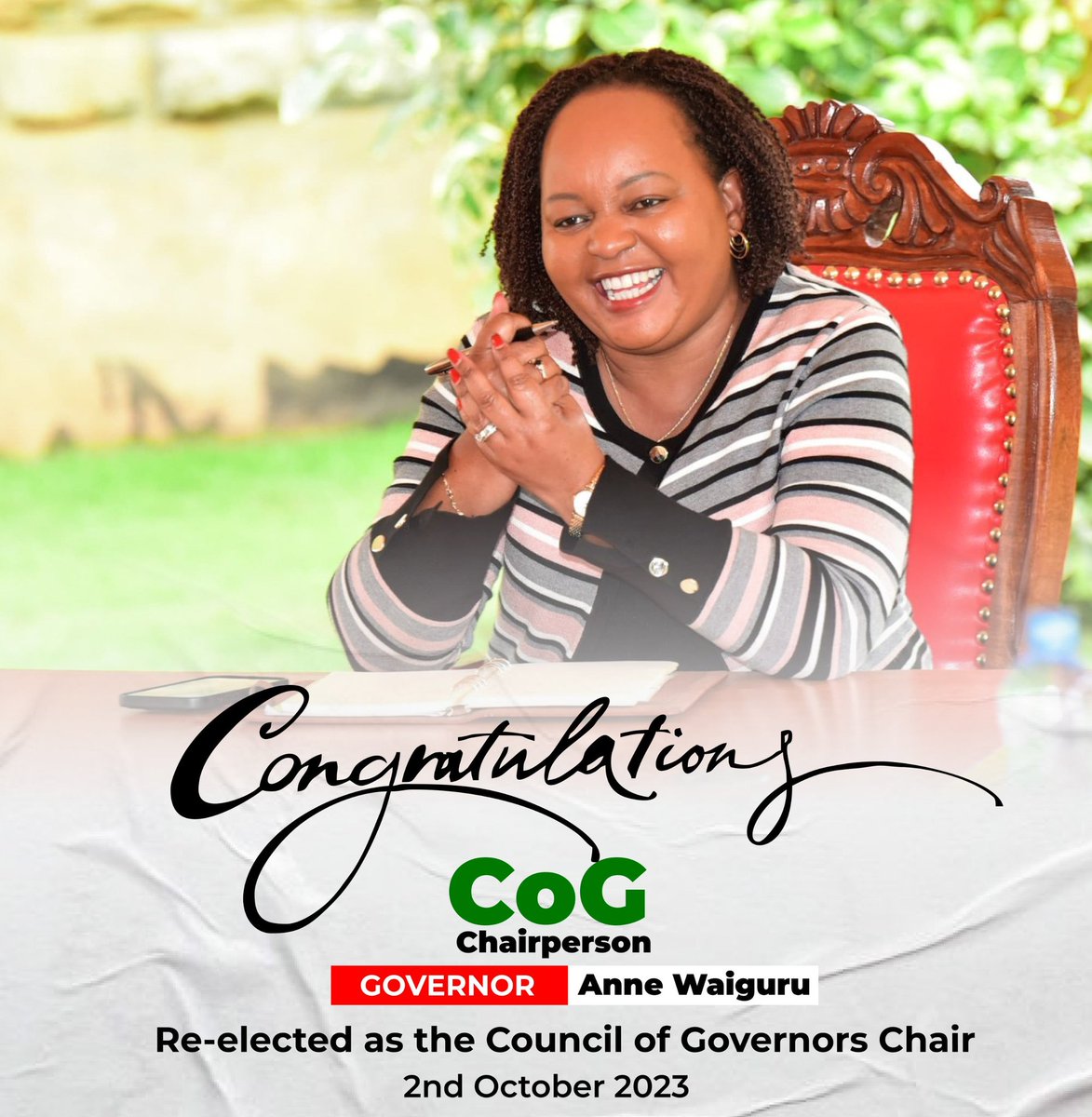 cheruiyotbonif1's tweet photo. Congratulations Governor @AnneWaiguru ππΎππΎππΎ
#ChairCOG https://t.co/vjiJOEoZx3