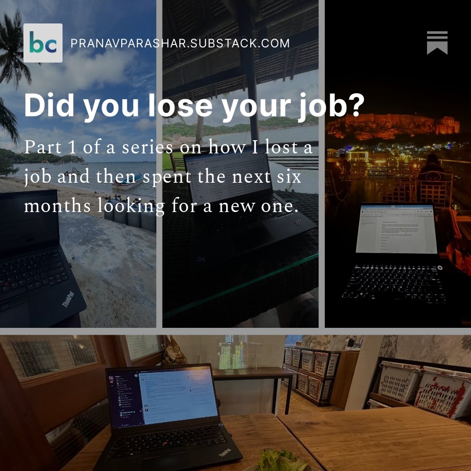 prnvprshr's tweet photo. Newsletter alert!! 🚨🗞️
In this post I’m sharing my experience of getting fired and how I dealt with it. Please read, subscribe and support my work! 
https://t.co/5TAiLHjJm6 https://t.co/FTa3OT7fio