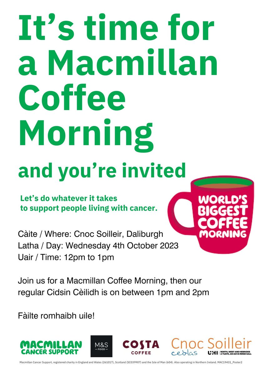 CSoilleir's tweet photo. Tha sinn a' cumail tachartas cofaidh Macmillan Diciadain bho 12 meadhan-latha gu 1f. Feuch an tig sibh a-steach gus taic a thoirt don adhbhar airidh seo. Fuireach gus an seisean ciùil beò a mhealtainn bho 1f gu 2f
@ceolas_uibhist @UHI_NWH #Uibhist #MacmillanCancerSupport https://t.co/FH64XGN6Vc