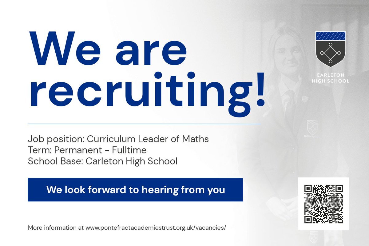 Join our team! We're excited to be recruiting for a Curriculum Leader of Maths. If you're passionate about education and want to make a real difference, we want to hear from you. Apply now! #ourpeoplematter
@PontefractAT