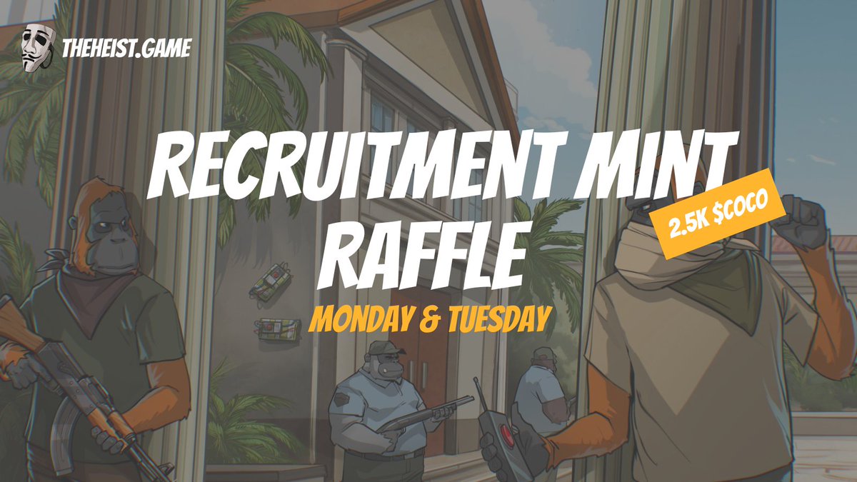 playtheheist's tweet photo. Kick off the week with a Recruitment Mint. Tangs up for grabs 🦧

The Raffle will be hosted in-game today and tomorrow at 2.5k $COCO a ticket. A few lucky players can score a Goon Orangutan.

Good luck to all ☘️ https://t.co/4D9eGOtKep