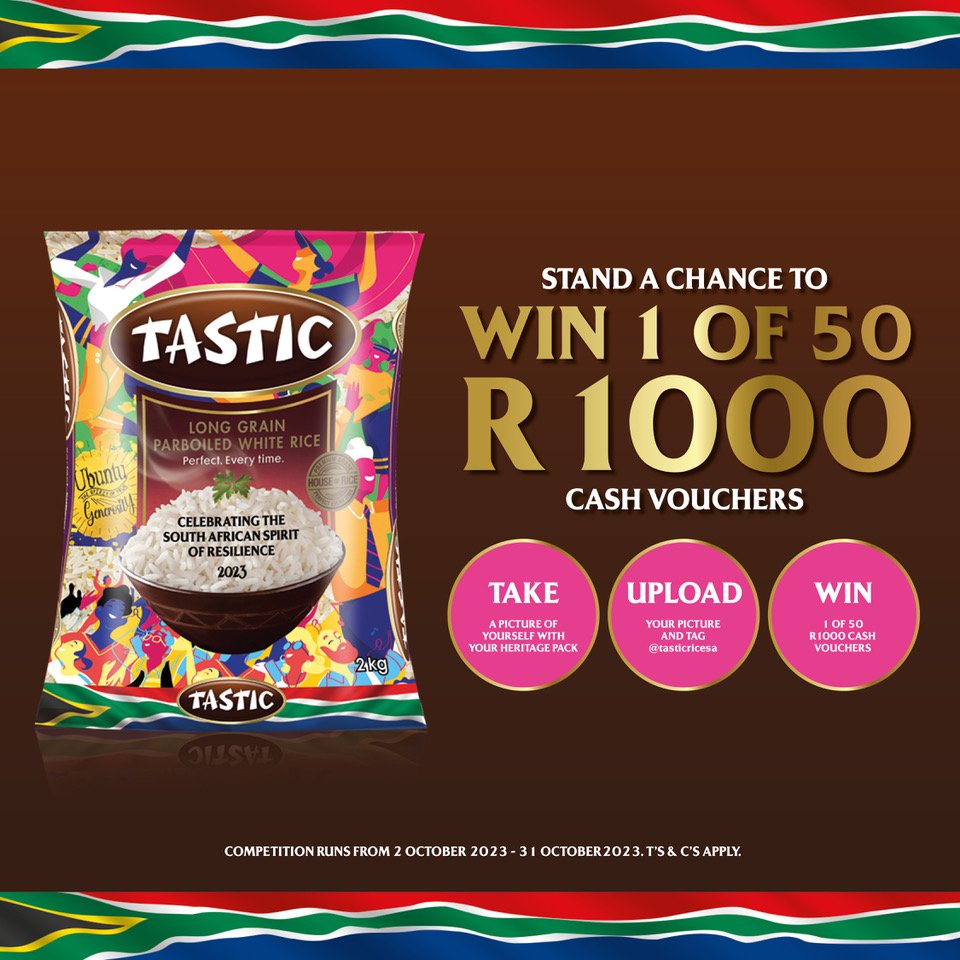 tasticricesa's tweet image. Join us as we celebrate the South African spirit of resilience and stand a chance to win 1 of 50 R1000 cash vouchers when you take a picture of yourself with your Heritage pack. T’s and C’s apply.

#PerfectEverytime #MoreInEveryPot