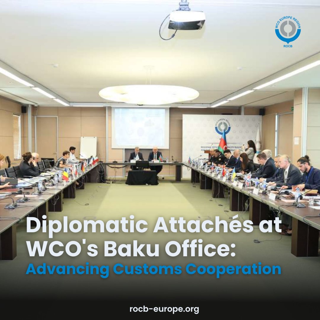 ROCB_Europe's tweet image. 🤝 Diplomatic attachés gathered at WCO's Baku office for customs cooperation. Emphasis on collaboration, customs practices, and visionary leadership. Strengthening customs ties for the future. 🌍🤝 #CustomsCooperation #WCO #DiplomaticTies