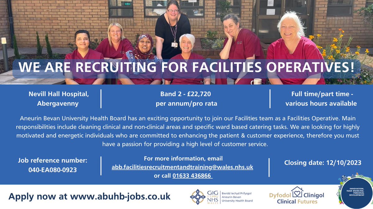ABUHBJobs's tweet photo. We have exciting opportunities within Aneurin Bevan University Health Board to join our Facilities team as a Facilities Operative. 
Closing Dates are: 12/10/2023

NHH - https://t.co/V40TCWgyDc

RGH- https://t.co/ABxbgoYAEC https://t.co/5E1yhZTjIT