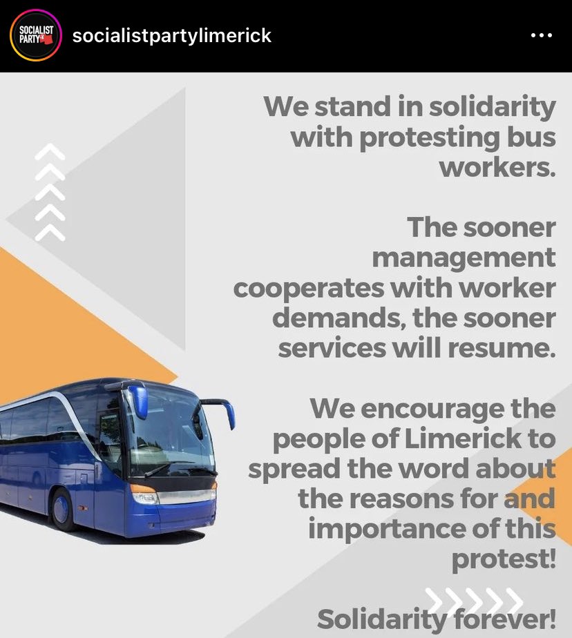 RuthCoppingerSP's tweet photo. Solidarity with #Limerick #busworkers taking unofficial but necessary action today over rosters and public safety. Graphic via @socialistsLK https://t.co/PDOLIeNbwF