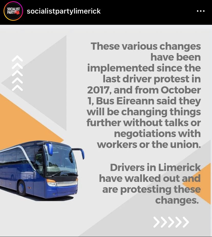 RuthCoppingerSP's tweet photo. Solidarity with #Limerick #busworkers taking unofficial but necessary action today over rosters and public safety. Graphic via @socialistsLK https://t.co/PDOLIeNbwF