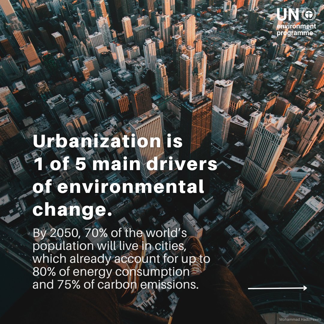 UNEP's tweet photo. Today is #WorldHabitatDay!

Occupying just 3% of the Earth's land, cities account for 60-80% of energy consumption &amp; up to 75% of carbon emissions.

Creating inclusive, safe &amp; resilient urban spaces is crucial for a sustainable future.