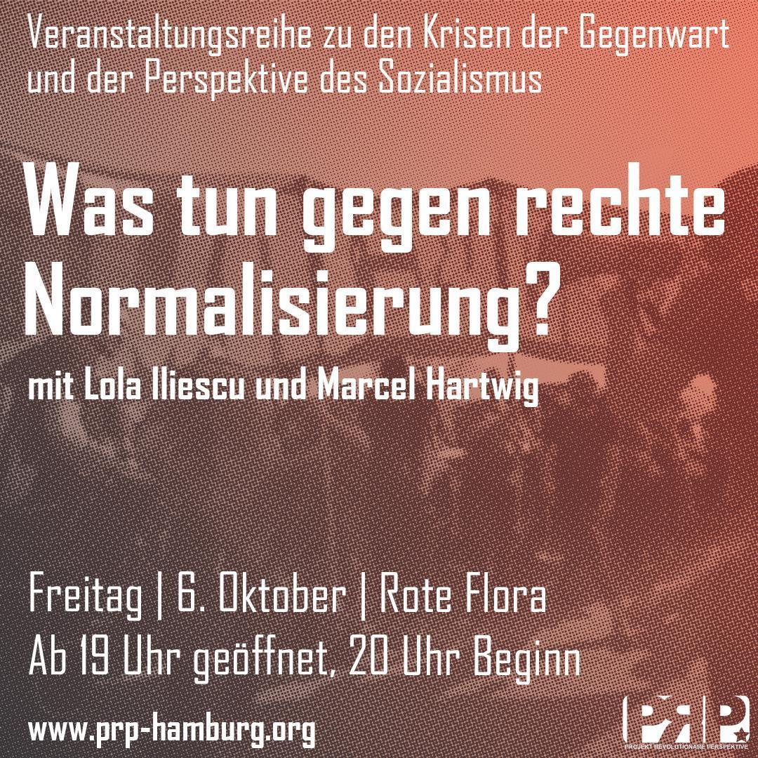 Freitag (6.10.) sprechen wir mit Lola Iliescu (ehemals NIKA) und Marcel Hartwig (ak-Autor) über gesellschaftliche Ursachen für Erfolge der AfD, warum es ihr gelingt öffentliche Debatten zu besetzen und linke Strategien gegen rechte Normalisierung. Mehr: prp-hamburg.org/was-tun-gegen-…