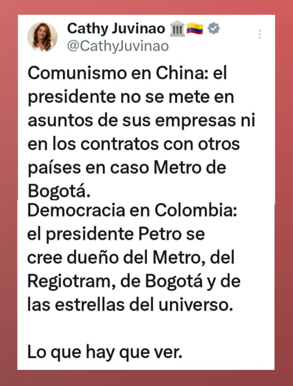 jairodeg1's tweet photo. Presidente de China, Xi Jinping : El metro de Bogotá no es asunto de Estado sino  un acuerdo entre un gobierno local y unas empresas chinas.
Cathy juvinao: "Esto me da como pena ajena. El presidente Petro cree que sus homólogos también gobiernan con mentalidad de tienda 🤦🏼‍♀️" https://t.co/5Rj1A2EqQd