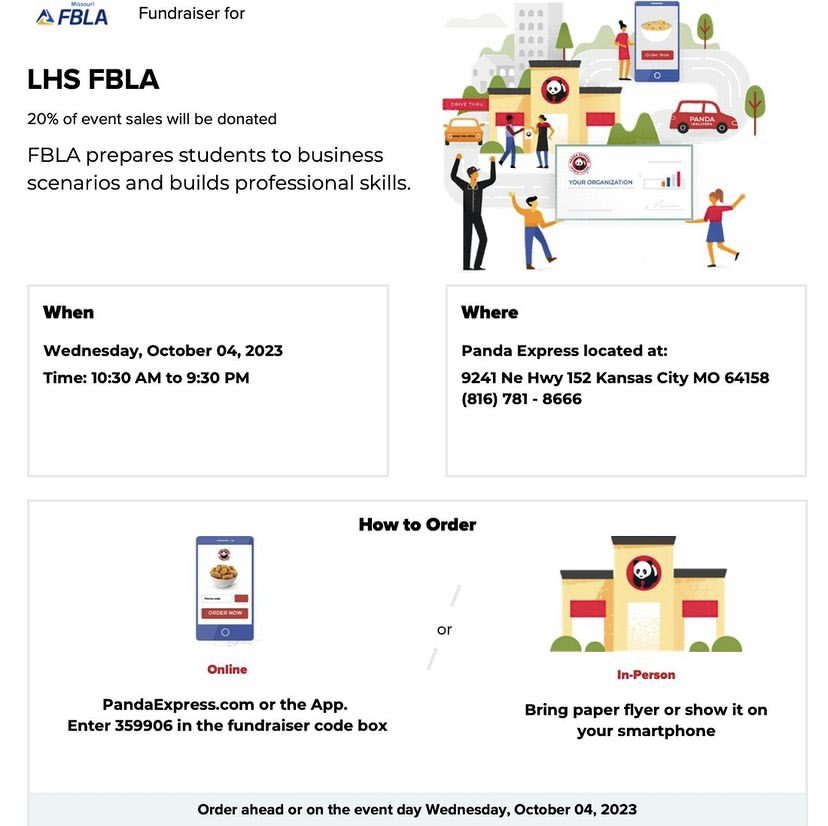 FBLA is partnering with Panda Express to raise money for District Competition! 

Help support your favorite business organization Wednesday 10/4 all day and all night!