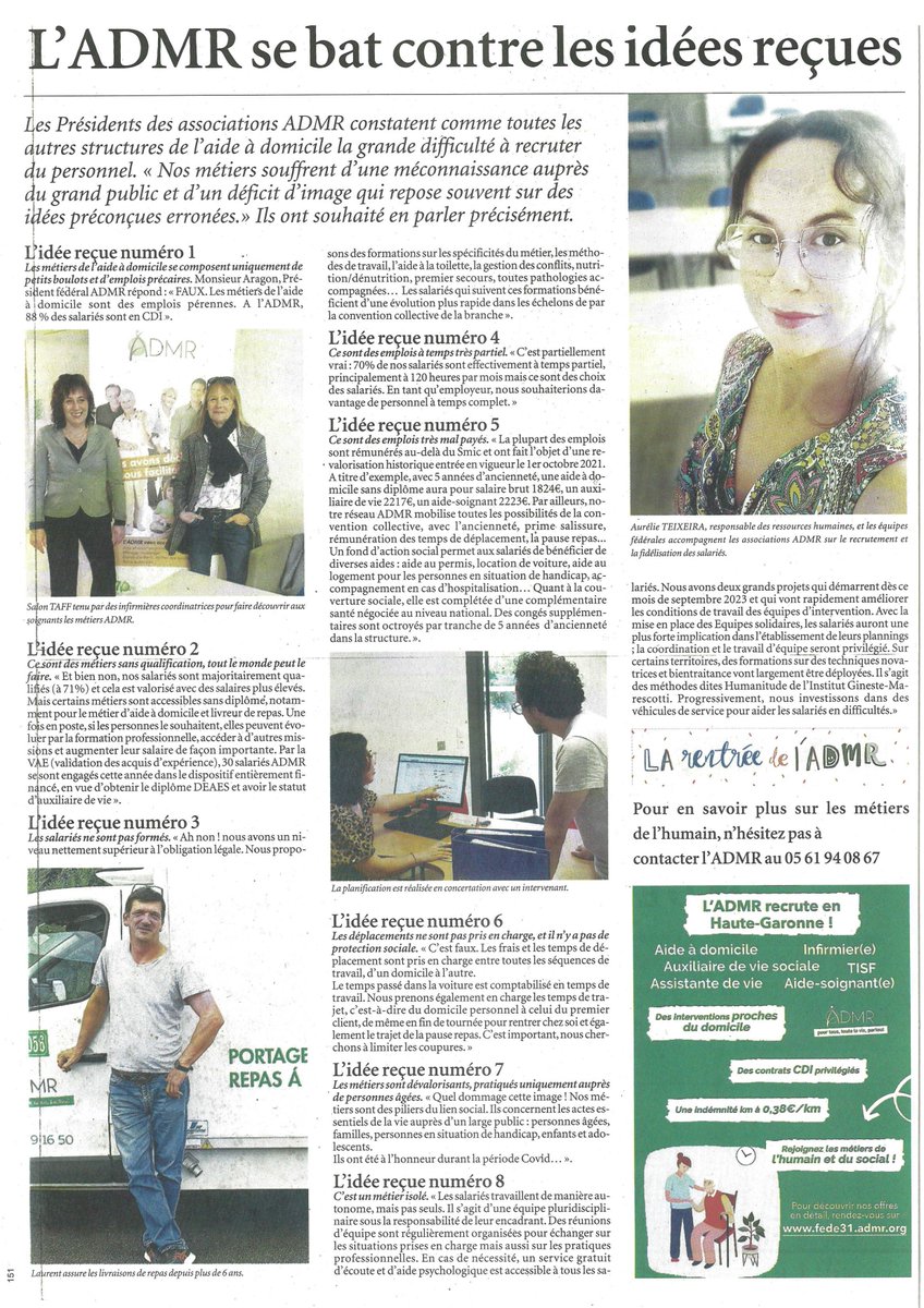 admr31's tweet photo. Peut-être auriez-vous remarqué cette pleine page consacrée au réseau ADMR publiée dans les cahiers du domicile ce week-end ? 🧐
Il y est question des idées reçues sur les métiers de l'aide à domicile ! Jean-Claude ARAGON, Président Fédéral, répond à ces fausses affirmations 👇 https://t.co/SMhvc1gGwy