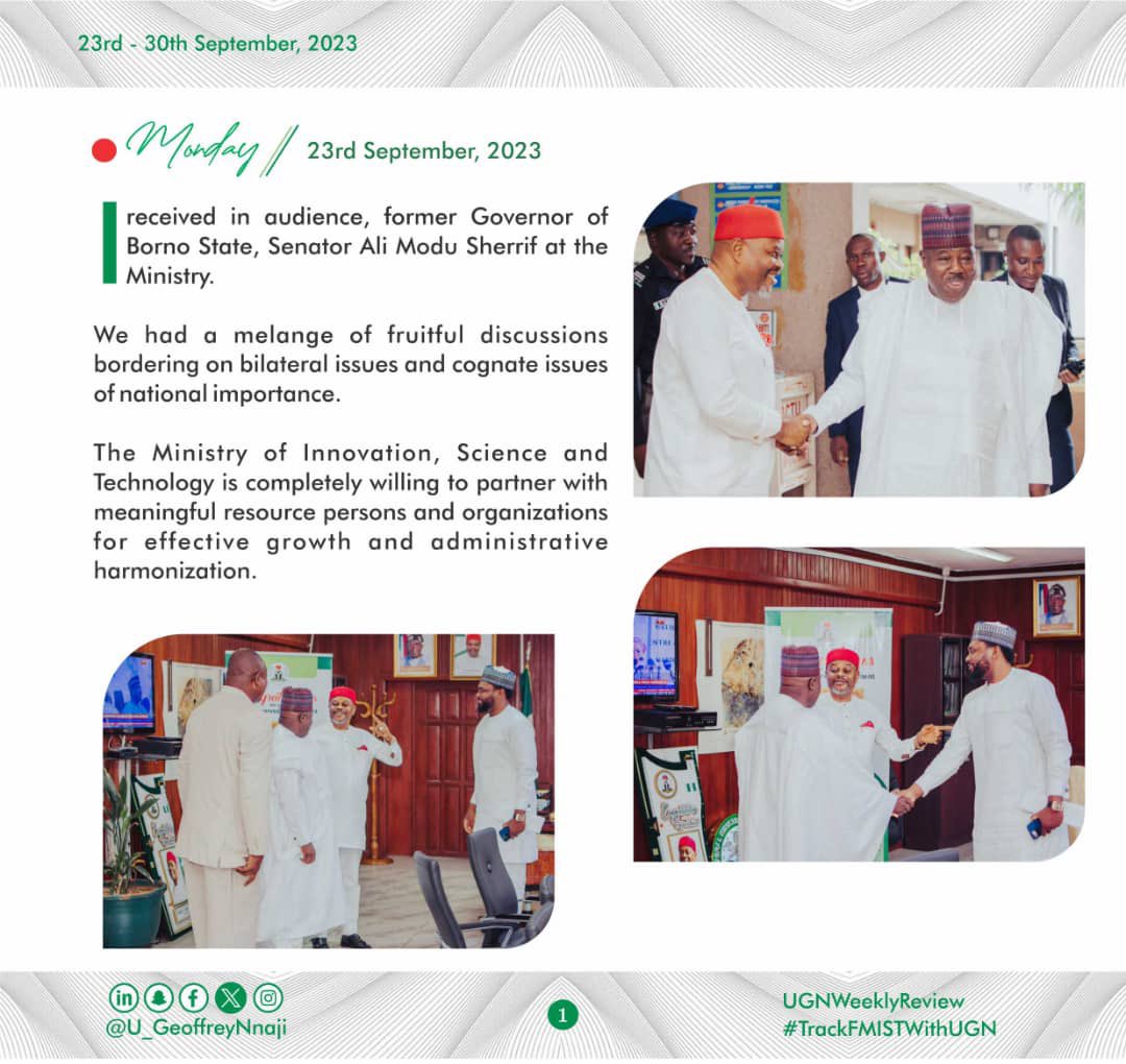 moore_ojo's tweet photo. HON. MINISTER OF INNOVATION, SCIENCE AND TECHNOLOGY, UCHE G. NNAJI’S WEEK IN REVIEW
23rd, September - 30th September, 2023
#UGNWeeklyReview
#TrackFMISTWithUGN
#FMISTWithUGN https://t.co/fD9YIwqw6A